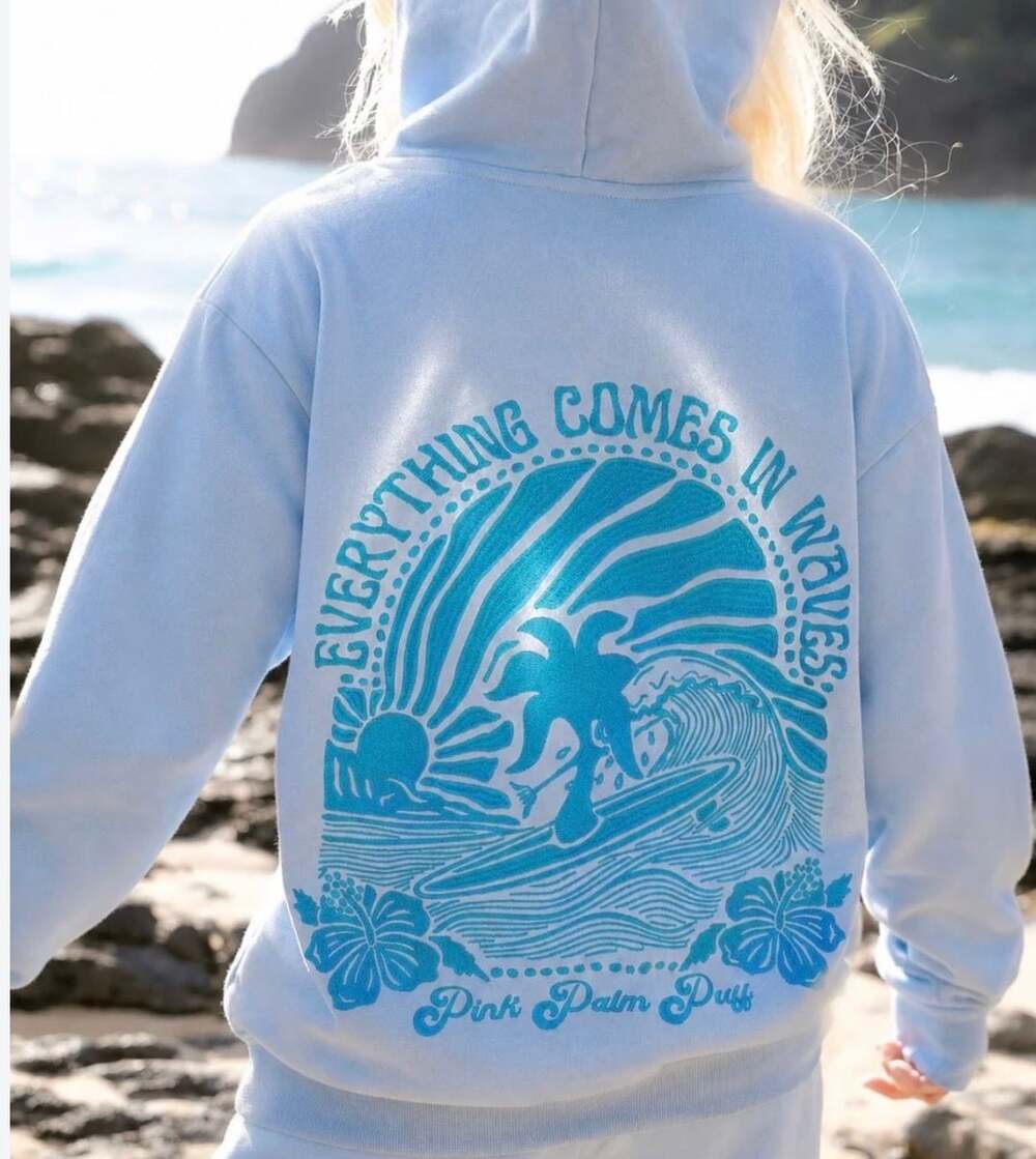 Pink Palm Puff Everything Comes in Waves Hoodie Blue Size S